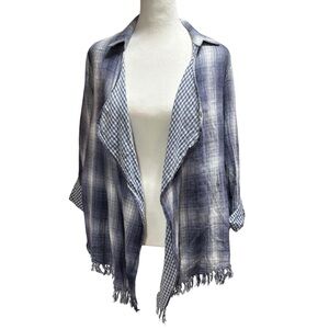 NWT Blue Plaid Gingham Mixed Print Open Front Fringe Cardigan #618